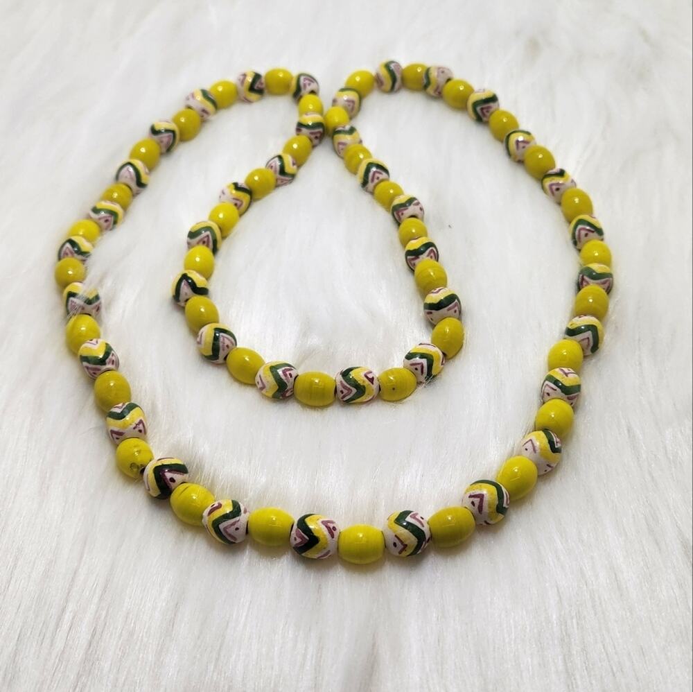 Yellow Hand Painted Ceramic Bead Necklace Boho Statement Summer Beach Boho Chic